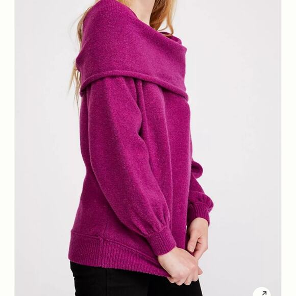 Free People Echo Beach Cowl Neck Sweater Fuchsia Wool Blend Off Shoulder XS - Picture 2 of 14